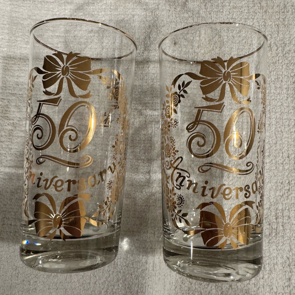 Anniversary Crystal Glass 50th Anniversary Set of Two with Gold Writing Vintage